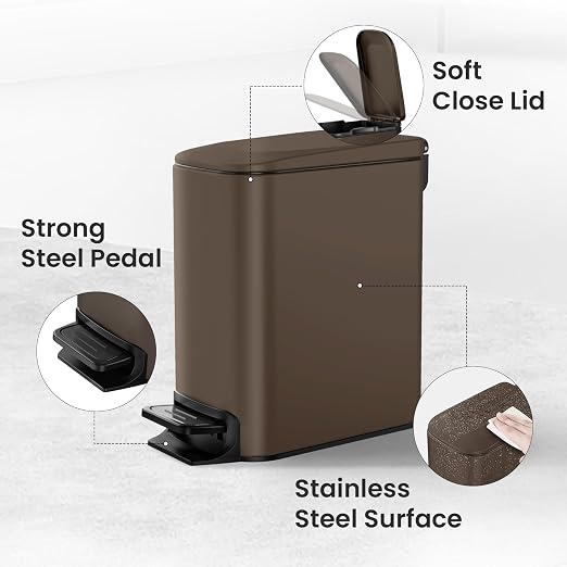 Cesun Small Bathroom Trash Can with Lid, 1.6 Gal, Soft Close, Brown | Step pedal soft close, Slim 5.9in fits narrow spaces, Stainless steel, Anti-fingerprint, Removable inner bucket, Odor seal