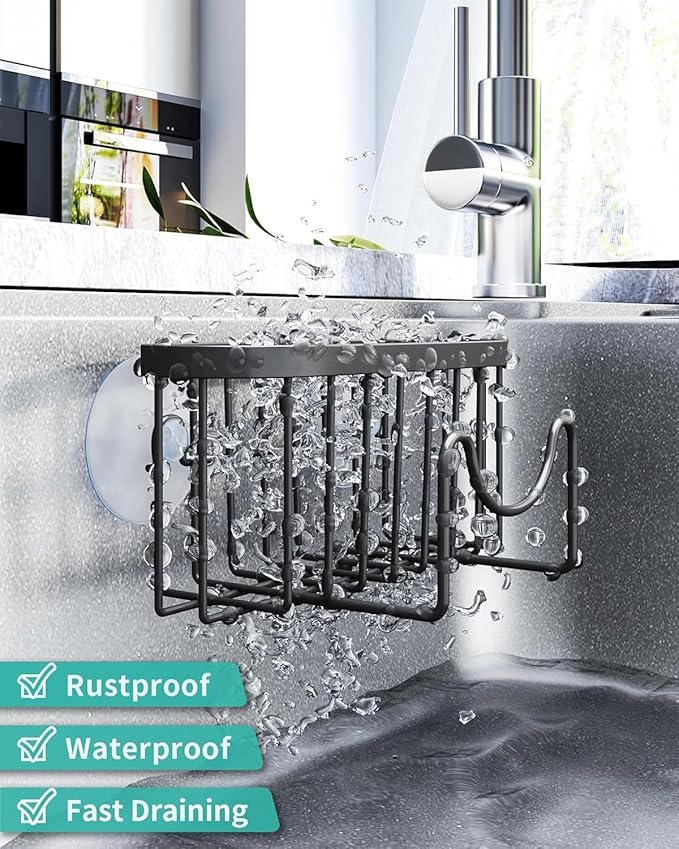 HapiRm Multifunctional Sponge Holder with Unique M-Shaped, 2 Installation Methods Kitchen Sink Caddy Organizer, Rustproof Stainless Steel Kitchen Organizers and Storage Essentials - Black (Pack of 2)