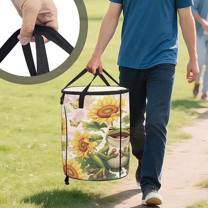 Sunflower Frog 24 Gallon Collapsible Garbage Can for Camping Car Waterproof Outdoor Trash Bin with Lid Foldable Portable Pop-Up Yard Waste Leaf Bag for Campsites Garden