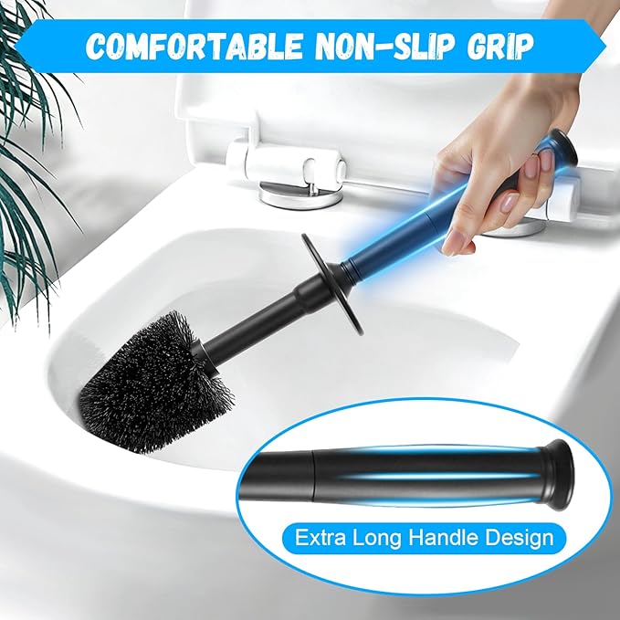 AONEZ Plastic Toilet Brush and Holder Set for Bathroom Cleaning, Black | Extra Long Handle; Splash Guard; Covered Holder; Hard Dense Bristles; Stable Base;