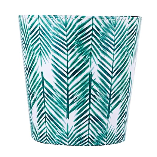 Paper Wastebasket Without Lid PU Leather Round Decorative Trash Bin Garbage Can Dustbin for Hotel Dormitory Kitchen Bedroom Bathroom Office Green Leaves
