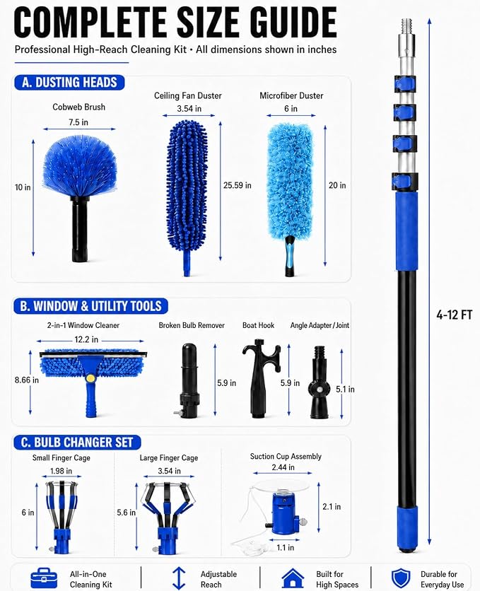 20 FT Ceiling Fan Cleaner Dusters with Telescoping Extension Pole | Extendable Duster for High Ceiling, Light Bulb Changer, Window Squeegee Washing Kit, Cobweb Brush Duster