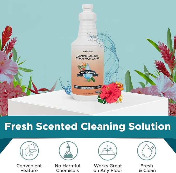 Steam & Go Demineralized Water for Steam Mop – Tropical Bloom Scent, 32 oz (Pack of 18)| Scented Floor Cleaner Solution, Ready-to-Use, Compatible with Any Steam Cleaner