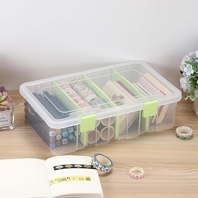 BTSKY Clear Plastic Dividing Storage Box with 4 Compartments Sewing Box | 13.3x8.1x3.4 Inches Adjustable Storage Bin with Lid Plastic Craft Storage Container Multipurpose Art Supply Organizer Green