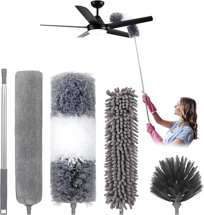 HAMEINY Microfiber Feather Duster for Cleaning 5-in-1 Kit 100" Extendable | Furniture Dusters with Extension Pole 100 Inches High Ceiling Fan Dusters Cobweb Duster for Car Wall Blinds Cleaning Dusting
