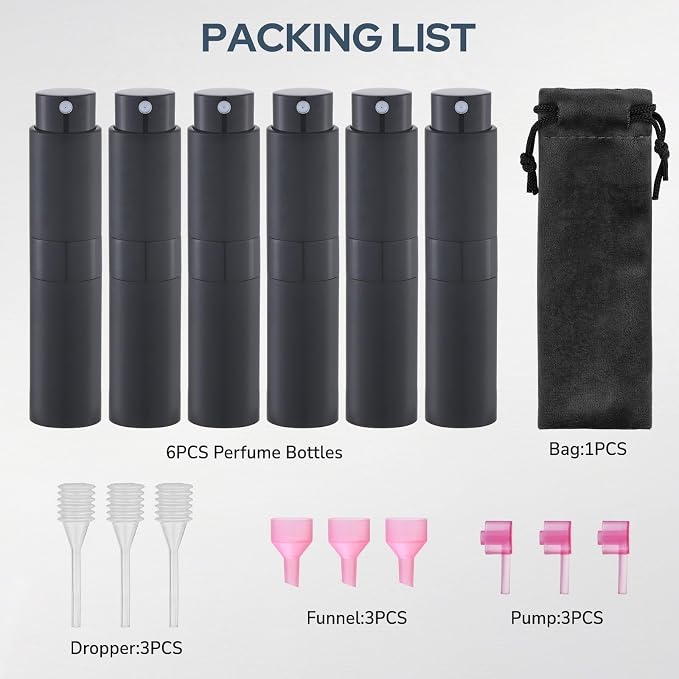 Lulupack Travel Perfume Bottle Refillable, 8ml Cologne Spray Atomizer, 6PCS | Small fragrance refill sprayer, empty decant container, twist up, leak-proof, portable, mini size, for men & women, TSA