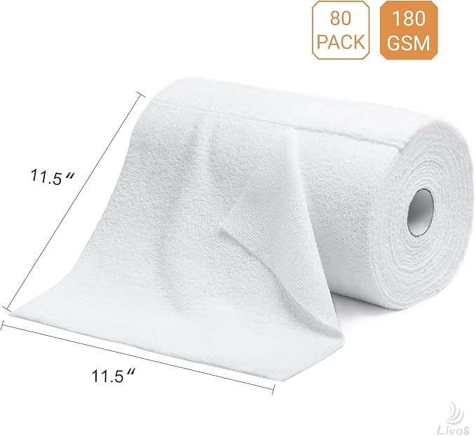LIVOS Microfiber Cleaning Cloth Roll - 80 Pack, Reusable Paper Towels, White Tear Away, Microfiber Towels for Car, Super Absorbent Lint Free Cleaning Rags for House, Kitchen,Window- 11.5"x11.5"