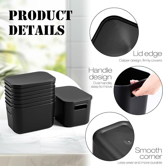 Hoolerry 8 Pack Storage Bins, 9.8 X 7.1 X 6.3 Inch Black | Plastic Stackable Containers with Lid Handle, For Shelves Desktop Playroom Office, Organizing Toys Books Supplies Storage