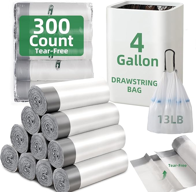 300 Counts 4 Gallon Trash Bag Drawstring Small Trash Bags, Thick Pre-separated Garbage Bags, Trash Bin Liners, Suitable for bathroom, kitchen, bedroom, office (White)