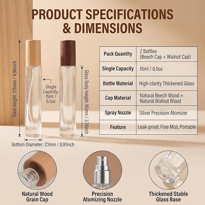 2 Pack 15ml 0.5oz Refillable Glass Spray Perfume Bottles Dispenser with Fine Mist Sprayer & Wooden Lid-Travel & Home Fragrance Containers for Cologne Essential Oils Cosmetic Liquids