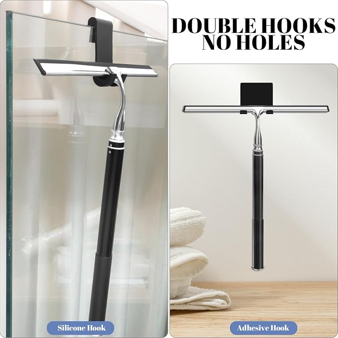 Shower Squeegee with Long Handle,Window Squeegee with Extension Pole Squeegee for Shower Glass Floor Squeegee, Telescoping Shower Squeegee for Glass Door, Tile Wall, Car,Floor | 2 Hooks, Squeegee for Shower Glass Floor Squeegee, Telescoping Shower Sque...