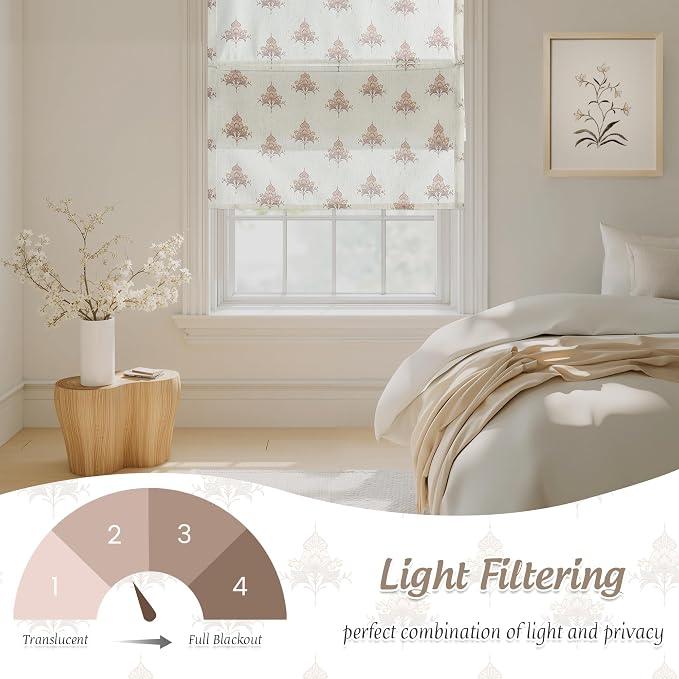 StangH Cordless Floral Linen Roman Shades for Windows, W30 x L64, 1 Panel | Magnetic Window Shades, Floral Printed Pattern, Light Filtering with Privacy, Vintage Farmhouse Decor, for Living Room