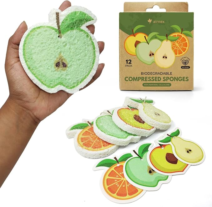 AIRNEX Compressed Cellulose Sponges - 12 Pack Fruit Shaped Natural Pop Up Dish Sponge for Kitchen - Compostable, Plant-Based, Non Scratch Cleaning Sponges Bulk for Dishes & Household Cleaning