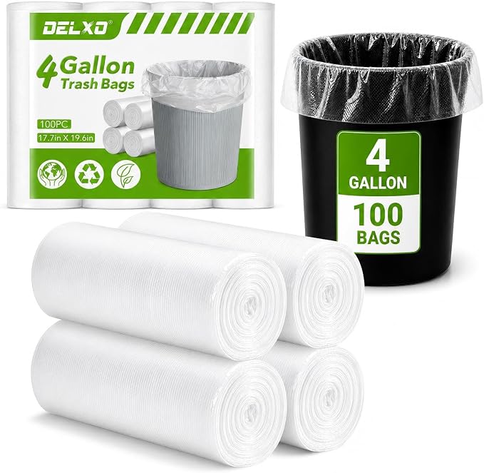 Delxo Small Trash Bags 4 Gallon, Clear Unscented Bathroom Trash Bags | 17.7 x 19.6" Small Garbage Bags for Bathroom, Bedroom, Office, Kitchen, Plastic Trash Can Liners, 100 Count