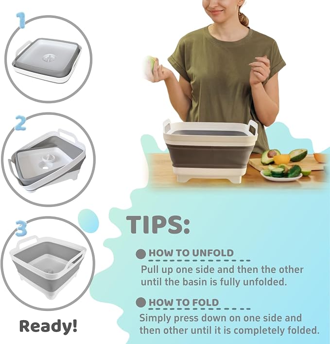 GIMWA Collapsible Wash Basin with Drain Plug - 2.4 Gallon Foldable Kitchen Sink for Baby Bottles, RV Camping, Space-Saving Dish Tub (Gray-Gray)