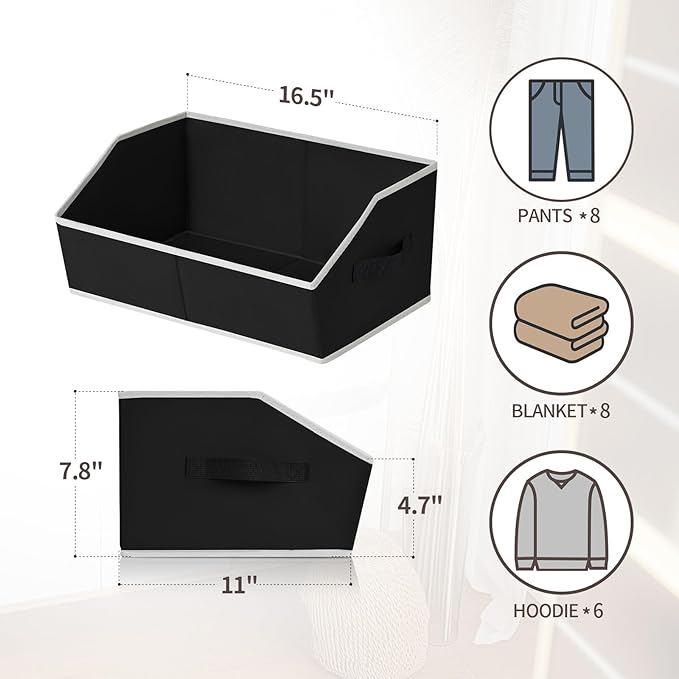 Storage Baskets for Shelves - Trapezoid Cube Storage Organizer Bins, Decorative Storage Baskets with Handles, Large Shelves Organizer for Home, Office, Dorm, Black, 4 Pack