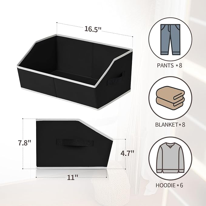 Cube Storage Bins - 6 Pack Trapezoid Storage Bins, Closet Organizers and Decorative Storage, Storage Baskets with Handle, Large Storage Basket for Home, Black