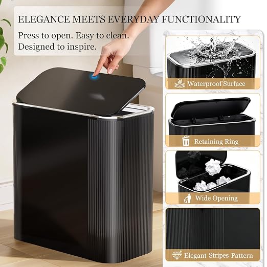 3.5 Gal Black Bathroom Trash Can with Lid & Acrylic Square Tissue Box Cover | Covered Slim Trash Can With Tissue Box Holder Helps Organize Bathroom, Bedroom, And Living Spaces While Saving Room