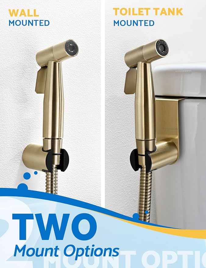 BRITULIF Bidet Sprayer for Toilet, Adjustable Pressure, Gold | Leak-Free Hose, Tank or Wall Mount, Feminine Wash, Cloth Diaper Rinse, Stainless Steel Body, Nozzle, Soft Silicone Nozzle