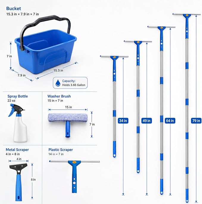 Window Cleaning Kit with Extendable Long Handle, Professional Window Squeegee & Window Washer Tool Set for Indoor Outdoor High Windows, Glass, RV & Shower Doors