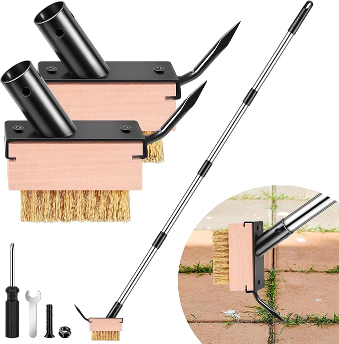 MUDEREK Crack Weeder Tool - Weed Puller Tool with 2 Heads and Scraping Hook | Paver Weeding Moss Remover Brush with Adjustable Steel Handle for Cleaning Paving Joint Sidewalk Patio Stone Driveway Deck