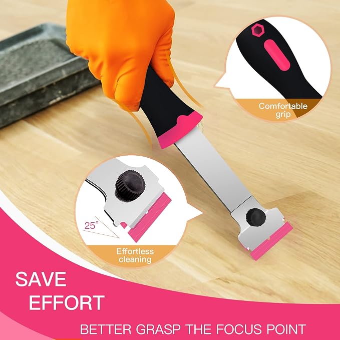 Razor Blade Scraper, 2 PCS Razor Scraper Tool for Removing Label, Registration Sticker, Tint, Grease from Windshield, Appliance, Glass（Pink）