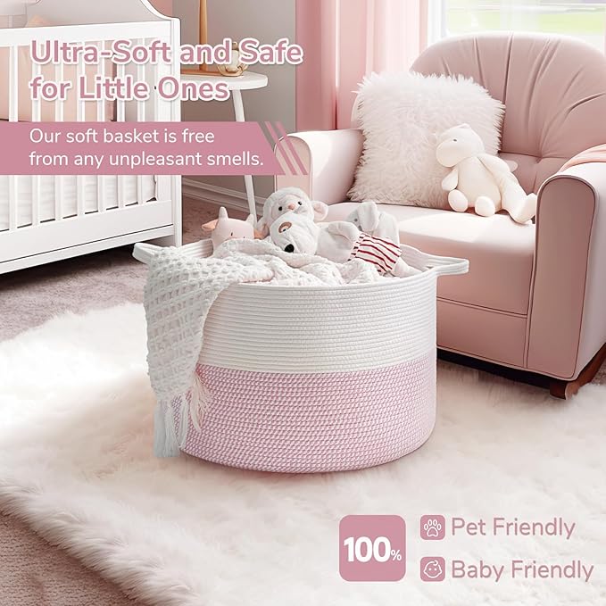 INDRESSME XXXLarge Woven Rope Blanket Basket Living Room Pink, 90L | Pink room decor woven rope basket for stuffed animal storage, toys & pillows. For girls room & nursery, soft-touch, kid-safe