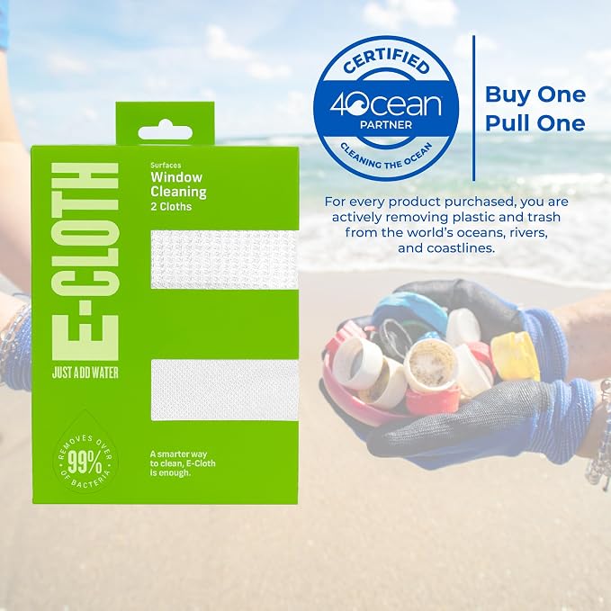 E-Cloth Window and Glass Cleaner Kit, Just Add Water - 2 Kits | Chemical-Free Cleaning - Reusable & Machine Washable Towel, Versatile Use for Mirrors, Cars, & Lenses, Recycled, Colorless