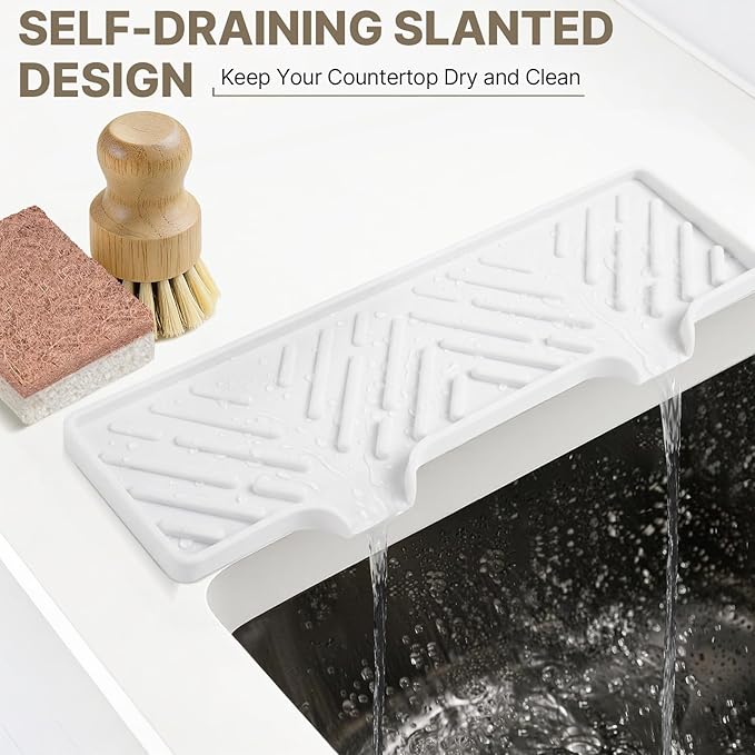 Kitchen Soap Dispenser Set with Self Draining Silicone Tray, Silver | Kitchen Sink Organizer for Sink, 2 x 17oz Glass Soap Dispensers with Stainless Steel Pumps, Bamboo Brush & Sisal Sponge