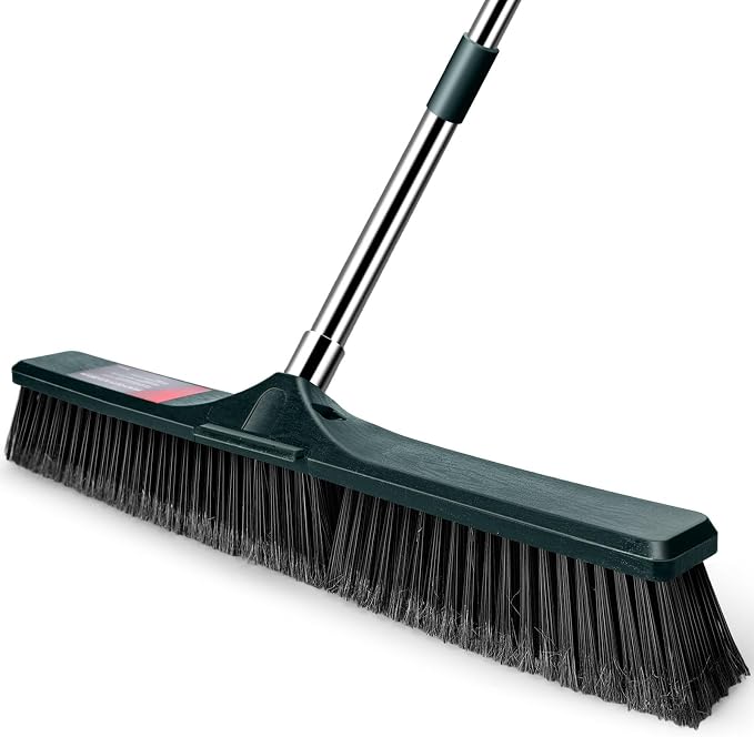 24" Push Broom Outdoor, Heavy Duty Garden Brush Broom with 58" Long Handle | Commercial Outdoor Broom for Deck Driveway Garage Yard Patio Warehouse Concrete Floor Cleaning