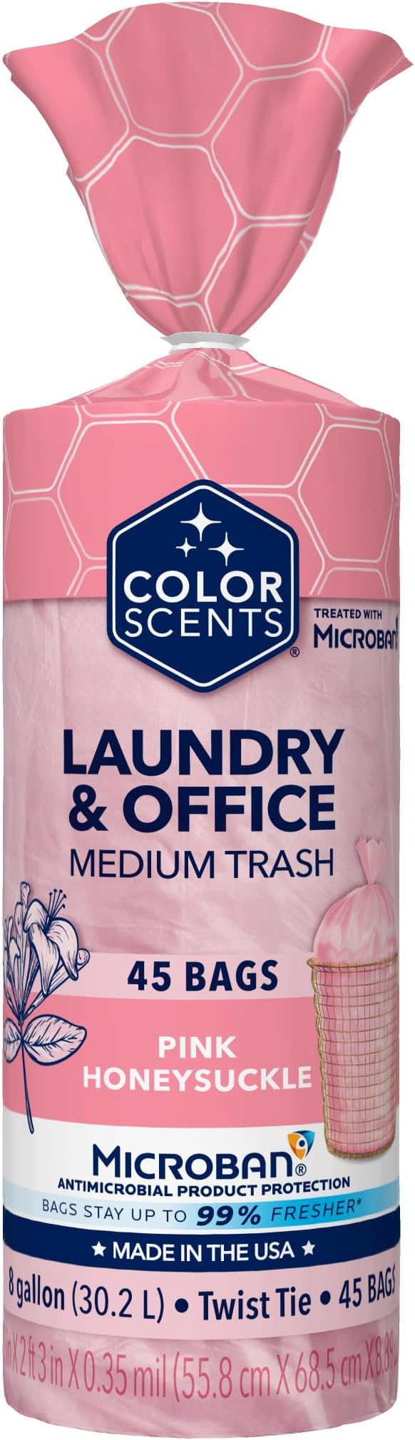 Color Scents 8 Gallon Trash Bags Twist Tie 45 Count Pink Honeysuckle