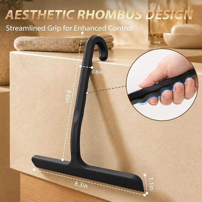 Silicone Shower Squeegee with Hanging Hook for Glass Door & Window, Black | One-Piece Seamless Design for Easy Maintenance; Streak-Free Scraper for Mirrors, Tiles, Countertops & Car Windshields