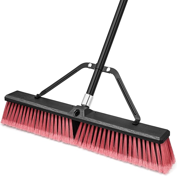 TidyBliss 24” Push Broom Outdoor Heavy Duty, Large Commercial Stiff Bristle Brush with 63 inches Long Handle for Garage Shop Garden Yard Patio Deck Street Warehouse Lawn Driveway (Red)