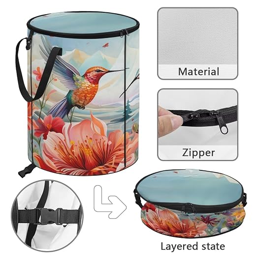 Hummingbird Flower 24 Gal Collapsible Trash Can w/Lid Waterproof Foldable Garbage Bin for Camping, Backyard & Hiking | Heavy Duty Pop-Up Design (23x18in) Car Camping Gear