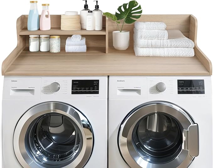 Washer Dryer Countertop 2 Tier 58 inches Wide, Laundry Shelf Topper with Edge, 58" W x 28" D x 12" H Laundry Space Organizer, Oak(Grey Tone)