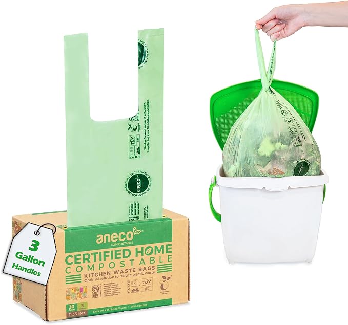 ANECO Compostable Food Waste Bags 3 Gallon With Handles (30 Count) | Extra Strong Compost Bags for Kitchen Countertop Bin - BPI & OK Compost HOME Certified Small Garbage Bags With Handles