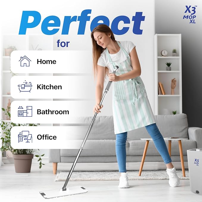 X3 Mop XL, Separates Dirty and Clean Water, 3-Chamber Design, Flat Mop and Bucket Set, Hands Free Home Floor Cleaning, 3 Reusable Microfiber Mop Pads Included (XL X3 Mop)