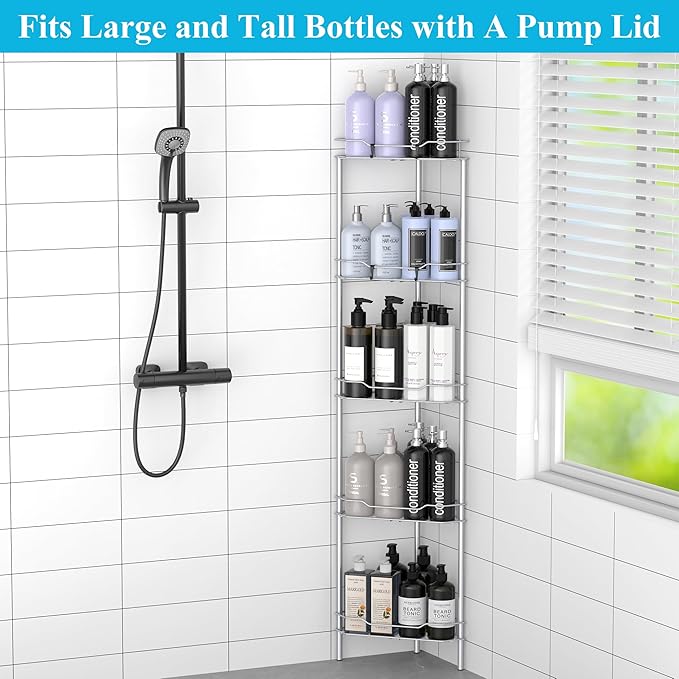 HuggieGems Metal Floor Standing Corner Shower Caddy, Silver, 5 Tier | Adhesive Bathroom Organizer Shelves, Free Standing Shower Rack with Hooks, Hold Large Shampoo Bottles