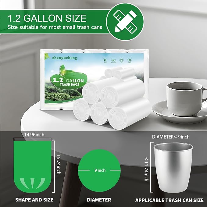 1.2 Gallon White Biodegradable Trash Bags - (Fit 1-1.3 Gallon) Mini Small Garbage Bag For Bathroom Can Compostable 100 Count 5 Liter Tiny Kitchen Waste Basket Liners Car Strong Thick Chenyucheng