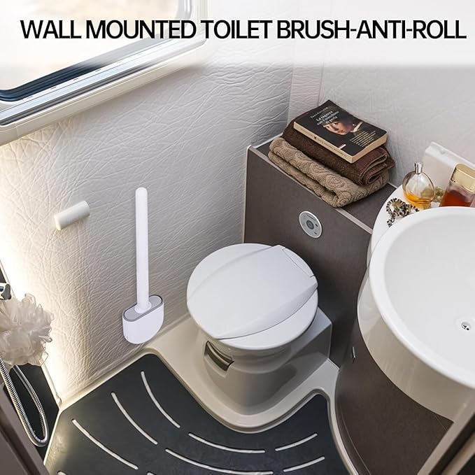 RV Silicone Toilet Brush with Holder, Drill-Free Wall Mounted Toilet Bowl Cleaner, Anti-Drip Anti-Roll Compact Brush for RV Camper & Small Bathroom (Black)