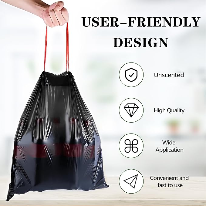 8 Gallon Trash Bags 120 Count, 0.8 Mil, Black, Unscented | Drawstring Can Liners for 30 Liter Waste Bins in Bathrooms, Offices, Kitchens and Everyday Household Use