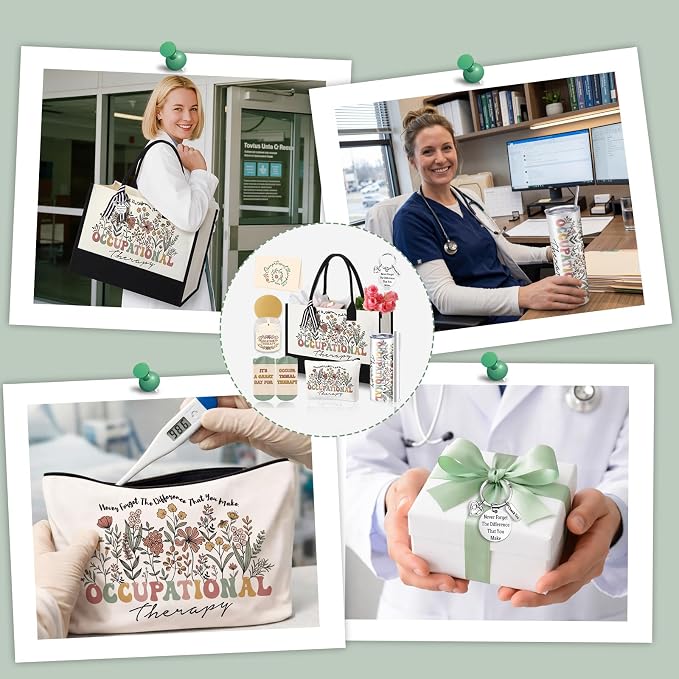 Patelai 7 Pcs Occupational Therapy Gifts for Women Ot Gifts therapist Bag | with 20 oz Cup Tumbler Canvas Tote Bag Makeup Bag Occupational Therapist Ot Month Birthday Speech Appreciation Gift Set
