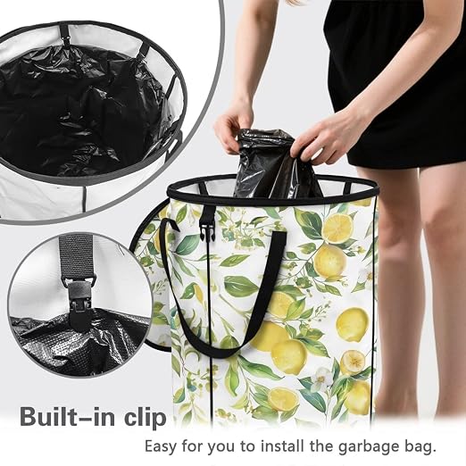 Lemon 24Gal Collapsible Trash Can w/Lid & Sorting Clips - Waterproof Pop-Up Bin for Camping Backyard | Heavy Duty Garden Waste Bag, Flodable Easy to Store (18x18x23 inch)