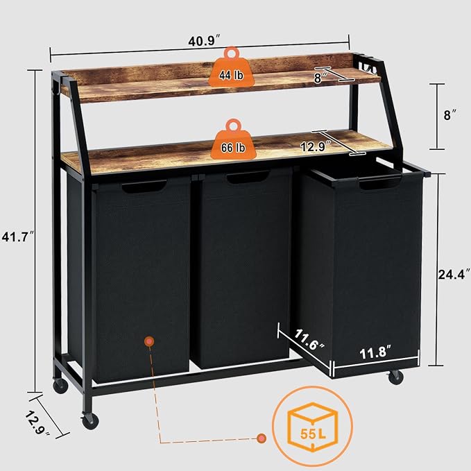 Laundry Hamper, Laundry Sorter 3 Section, Rolling Laundry Basket with Wheels, 2 Shelves, 3 × 14.5 Gal, Pull-Out and Removable Oxford Fabric Bags, for Laundry Room, Black and Rustic Brown