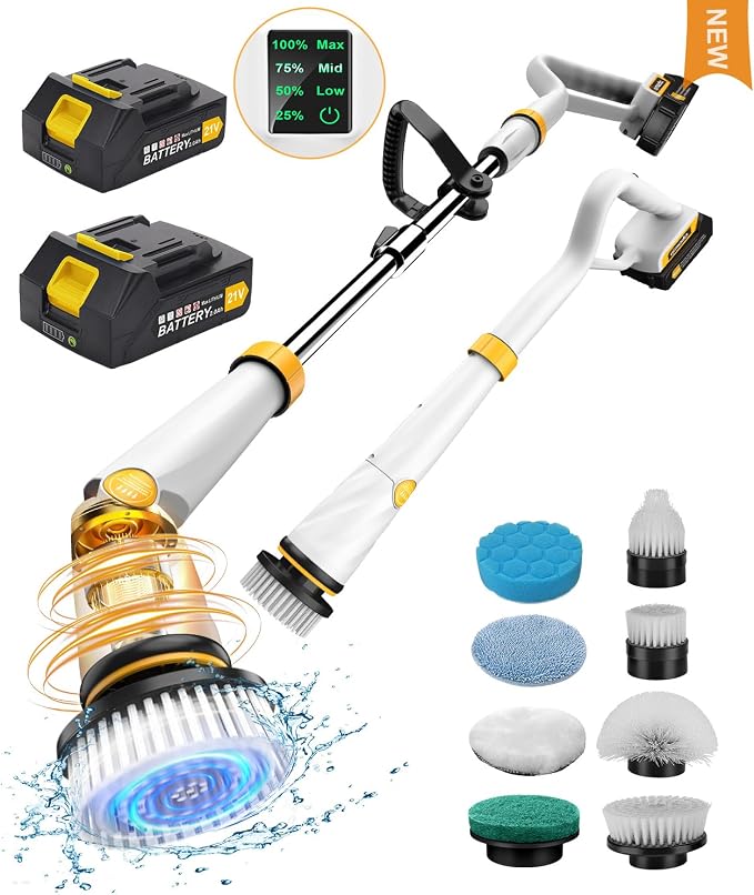 Qimedo Electric Spin Scrubber Q2, 4000mAh Battery, 1500RPM High Power | Floor Scrubber Machine with Long Handle, Cordless Cleaning Brush, 8 Brush Heads and Smart Display for Showers, Tubs and Tile