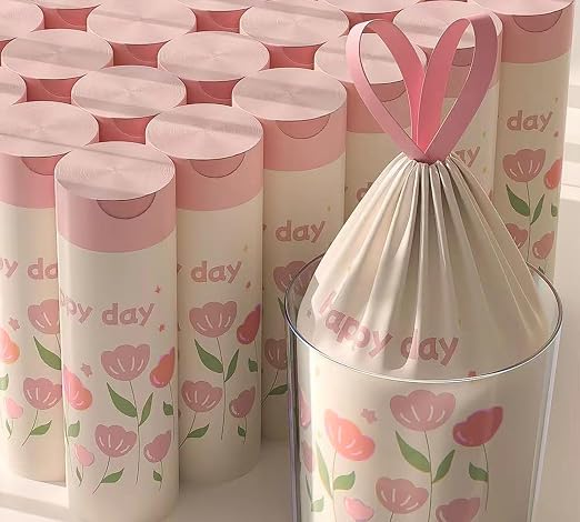 4 Gallon Trash Bags 200pcs Drawstring Tearing-free for Bathroom Office Home Bedroom Trash Can with Pink Floral Printed Garbage Basket Bags (4Gallon 200pcs)