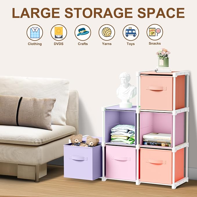 Briwooody 6 Cube Storage Organizer Bins with Shelf, Pink,Purple,Orange | 11x11'', Storage Organizer, Toy Storage Box, Back to School, Dorm Organizer, Fabric Drawers, Playroom Bedroom Storage Cabinet