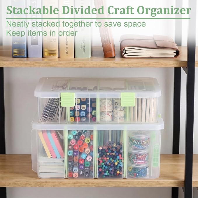 BTSKY Clear Plastic Dividing Storage Box with 4 Deep Compartment Sewing Box | 13.9x7.9x6.2 Inches Adjustable Storage Bin with Lid Portable Craft Container Multipurpose Art Supply Organizer Green
