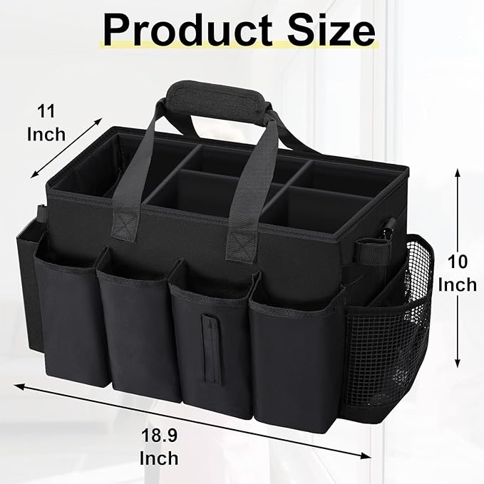 Wearable Large Cleaning Caddy Bag for Housekeepers (Black) | Cleaning Supplies Organizer with Adjustable Shoulder, Waist & Handle Straps, Detailing Bag for Kitchen Supplies