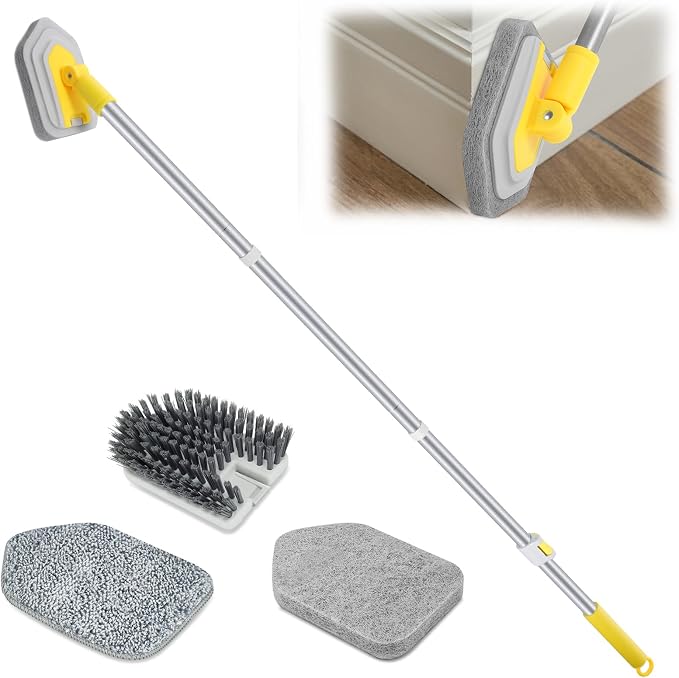 Lalafancy Baseboard Cleaner Tool with Handle 3 Reusable Cleaning Brush Pads | 52" Shower Wall Cleaner Scrubber Baseboard Duster for Bathroom Wall Floor Skirting Bathtub Window Scrubbing